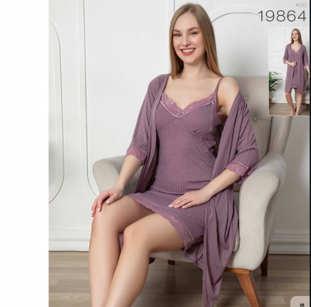 Pijamale BIG SIZE femei - Set halat si camasa de noapte femei din două piese, Material bumbac Lux PIJ19864
