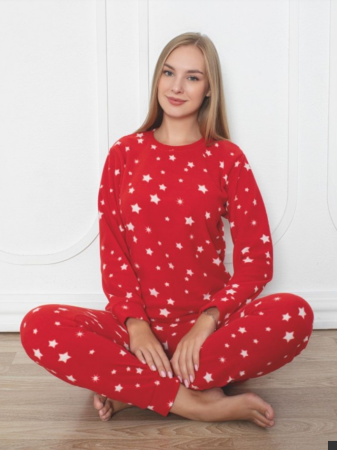 Pijamale de dama - Pijama FEMEI polar, din două piese, Material 100% micro, Lux,  BAK04 rosu cu stelute