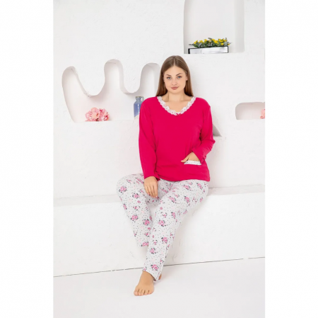 Pijamale BIG SIZE femei - Pijama FEMEI serie mare Battal, din două piese, Material Bumbac, Lux, BERF2040 roz