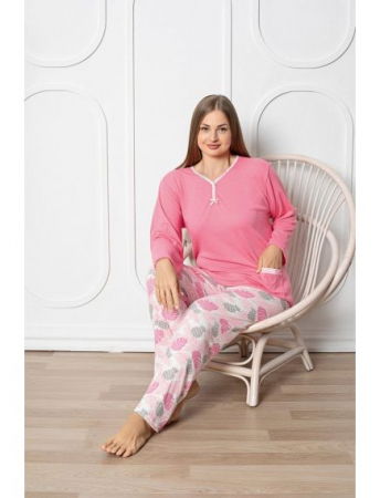 Pijamale BIG SIZE femei - Pijama FEMEI serie mare Battal, din două piese, Material Bumbac, Lux, BERF2035 roz