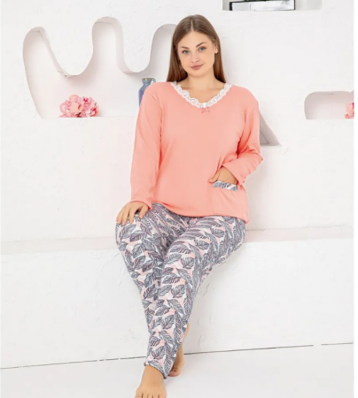 Pijamale BIG SIZE femei - Pijama FEMEI serie mare Battal, din două piese, Material Bumbac, Lux, BERF2041