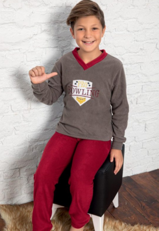 Cadouri aniversare - Pijama Polar din două piese pentru baieti, 6-14 ani, 8000, culoare gri cu visiniu