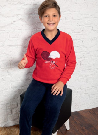 Cadouri aniversare - Pijama Polar din două piese pentru baieti, 6-14 ani, 8002, culoare bleomarin si rosu