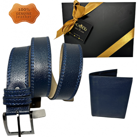 Cadouri aniversare - Set cadou bărbați 100% piele, Portofel și Curea de pantaloni, culoare bleomarin cu striatii, F-2106-4