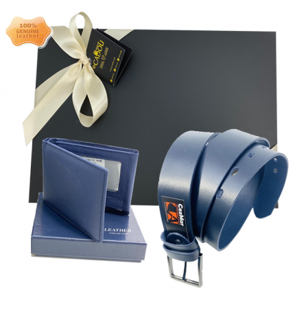 Seturi barbati portofel si curea - Set cadou bărbați Portofel și Curea de pantaloni din piele CEZMAR, culoare bleumarin, G106-4B