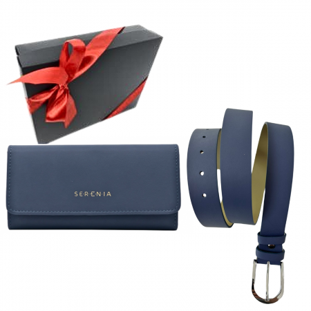Cadouri aniversare - Set cadou femei Portofel si Curea de piele naturala 100% produs in Romania, albastru 3cm ,SRN_ALCB03