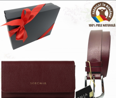 Cadouri aniversare - Set cadou femei Portofel si Curea de piele naturala 100% produs in Romania, visiniu 2.9cm ,SRN_ALC03.29