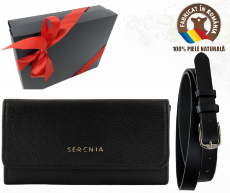 Cadouri aniversare - Set cadou femei Portofel si Curea de piele naturala 100% produs in Romania, negru, ,SRN_ALC04N
