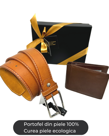 Seturi barbati portofel si curea - Set cadou Portofel din piele 100% si Curea piele ecologica maro, DW150/40_010W
