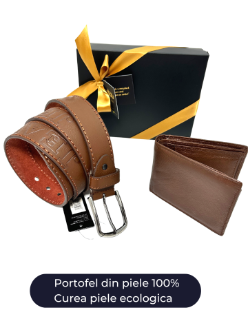 Seturi barbati portofel si curea - Set cadou JEANS Portofel din piele 100% si Curea piele ecologica maro, A698_010WK