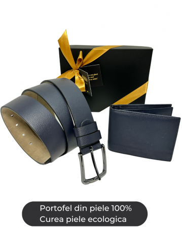 Seturi barbati portofel si curea - Set cadou Portofel piele si Curea piele ecologica de barbati bleomarin,TRI23.3016, latime curea 3cm