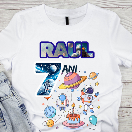 Cadouri copii 7 ani - Tricou aniversar astronaut pentru copii  alb din bumbac AST1141