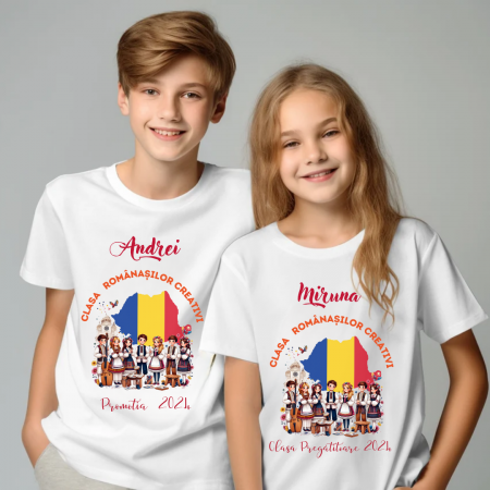 Cadouri aniversare - Tricou alb  Clasa Romanasilor creativi Back to school prima zi de gradinita  din bumbac ABS11330