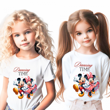 Cadouri aniversare copii cu personaje - Tricou alb Clasa lui Minnie si Mickey Mouse dancing time din bumbac ABS116.11