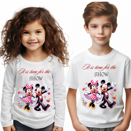 Cadouri aniversare copii cu personaje - Tricou alb Clasa lui Minnie si Mickey Mouse  it is tim for show din bumbac ABS116.12