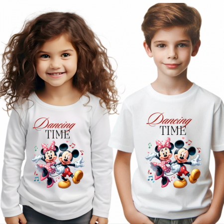 Cadouri aniversare copii cu personaje - Tricou alb Clasa lui Minnie si Mickey Mouse dancing time din bumbac ABS116.10