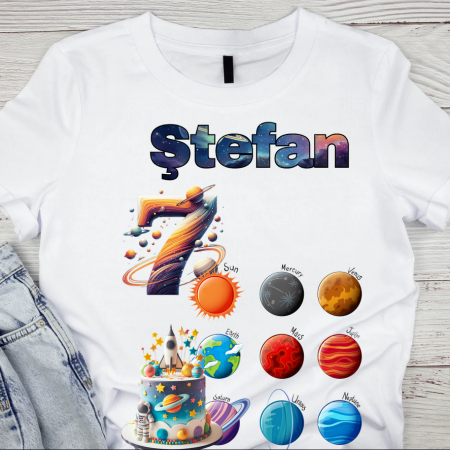 Cadouri copii 7 ani - Tricou aniversar astronaut pentru copii  alb din bumbac AST1142
