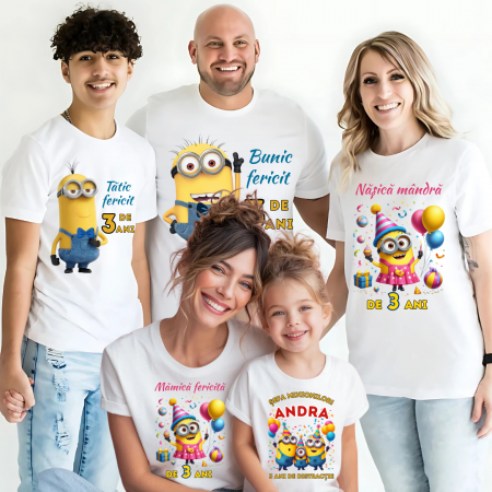 Cadouri aniversare copii cu personaje - Tricou Aniversare Personalizat cu Minion – Cadou Haios pentru Copii și Părinți | Model Tematic cu Vârsta și Nume
