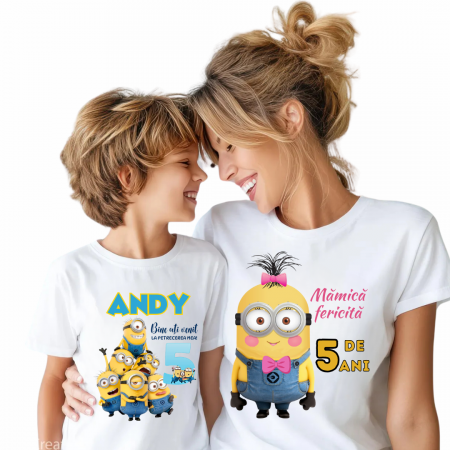 Cadouri aniversare copii cu personaje - Tricou Aniversare Personalizat cu Minion – Cadou Haios pentru Copii și Părinți | Model Tematic cu Vârsta și Nume