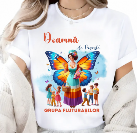 Cadouri copii 7 ani - Tricou de scoala  Doamna la Grupa fluturasilor – cadou personalizat pentru profesori sau elevi
