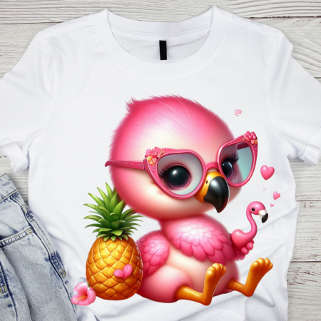 Cadouri copii 7 ani - Tricou pentru copii sau adulti din bumbac model Flamingo personalizat cu nume  sau poza preferata TC5033