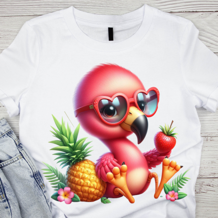 Cadouri copii 7 ani - Tricou pentru copii sau adulti din bumbac model Flamingo personalizat cu nume  sau poza preferata TC5034