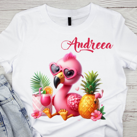 Cadouri copii 7 ani - Tricou pentru copii sau adulti din bumbac model Flamingo personalizat cu nume  sau poza preferata TC5035