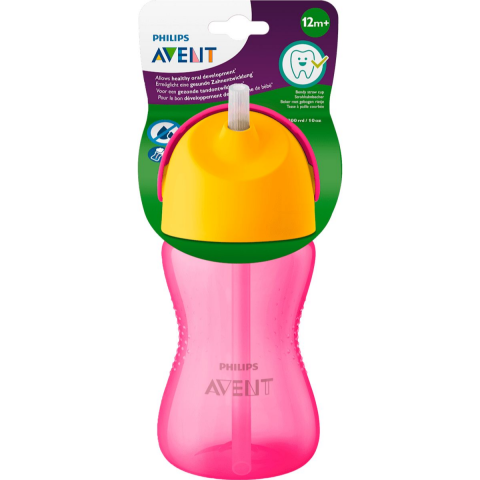 Cani, pahare si accesorii bebe - Cana cu pai flexibil PHILIPS AVENT 12 luni+, SCF798/02, Roz/Galben, 300 ml
