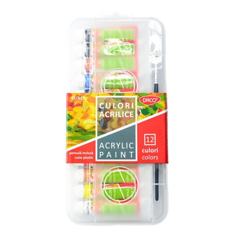 Acuarele si Seturi pictura - Culori acrilice DACO CU313, 12 culori x 12 ml, cu pensula si cutie din plastic