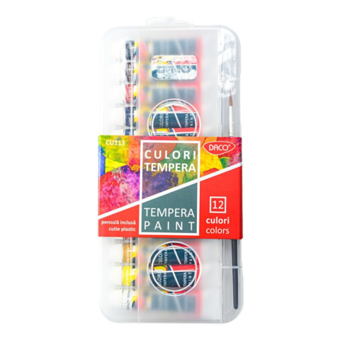 Acuarele si Seturi pictura - Culori Tempera DACO CU113, 12 culori x 12 ml, cu pensula si cutie din plastic