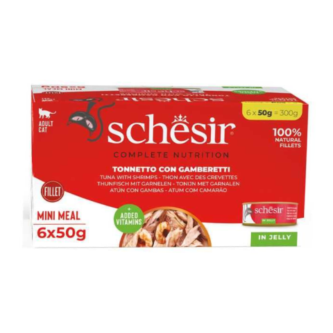 Pet Shop - Hrana umeda pentru pisici Schesir Multipack cu Ton si Creveti in jeleu, 6 x 50 g, 300 g