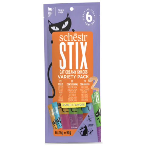 Pet Shop - Pachet recompense pentru pisici SCHESIR STIX, cu Pui, Somon si Rata, 6x15g