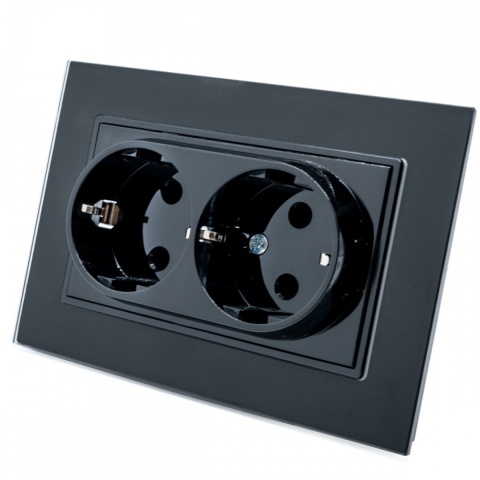 Iluminat & electrice - Priza Dubla Negru cu Rama din Sticla, SPN1464B, 1 buc