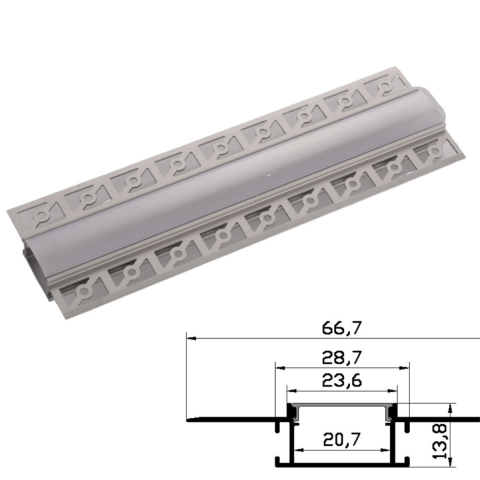 Iluminat & electrice - Profil Aluminiu pentru Rigips, Delight DL66965, 1m mijloc 66.7x13.8mm, 1 buc