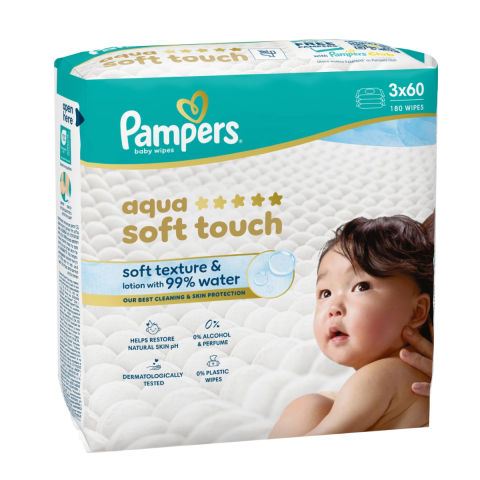 Jucarii, Copii & Bebe - Servetele umede Pampers Aqua Soft Touch 99% apa, 3 pachete x 60 buc