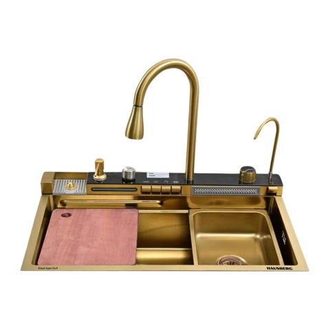 Sanitare - Set chiuveta multifunctionala Hausberg HBC-9955AU din otel inoxidabil, baterie dubla, cuva universala, 75x46x22 cm