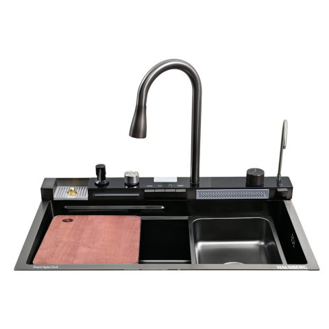 Sanitare - Set chiuveta multifunctionala Hausberg HBC-9955NG din otel inoxidabil, baterie dubla, cuva universala, 75x46x22 cm
