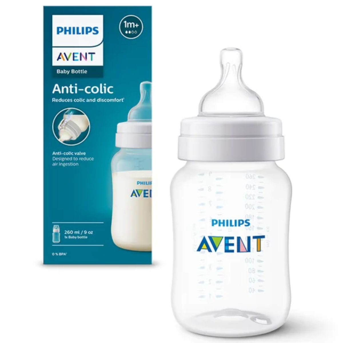Biberon anti-colici Philips Avent, Tetina cu debit 2, 1 luna+, 260 ml, SCY103/01 [1]