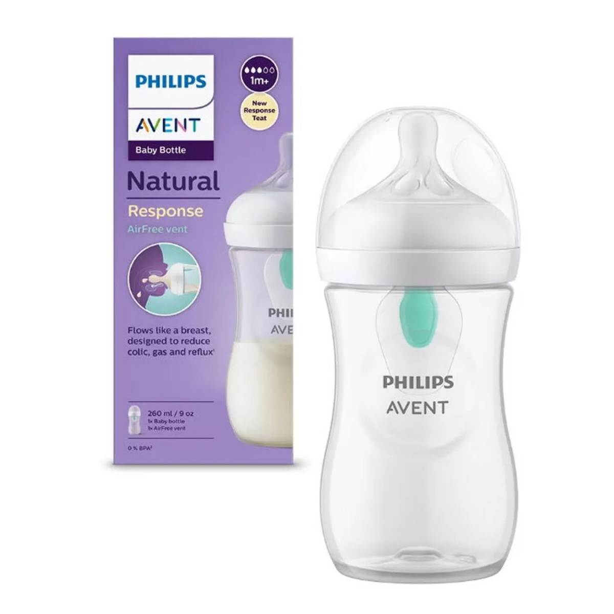 Biberon Philips Avent Natural Response cu dispozitiv anticolici AirFree+, 1 luna+, 260 ml, SCY673/01 [0]