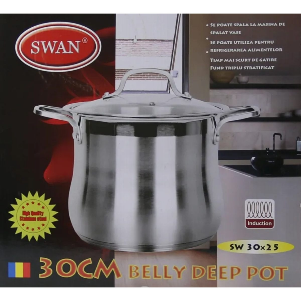 Oala inox, Swan-Belly, fund triplu, capac din sticla, 30 x 25 cm, 18 L [1]