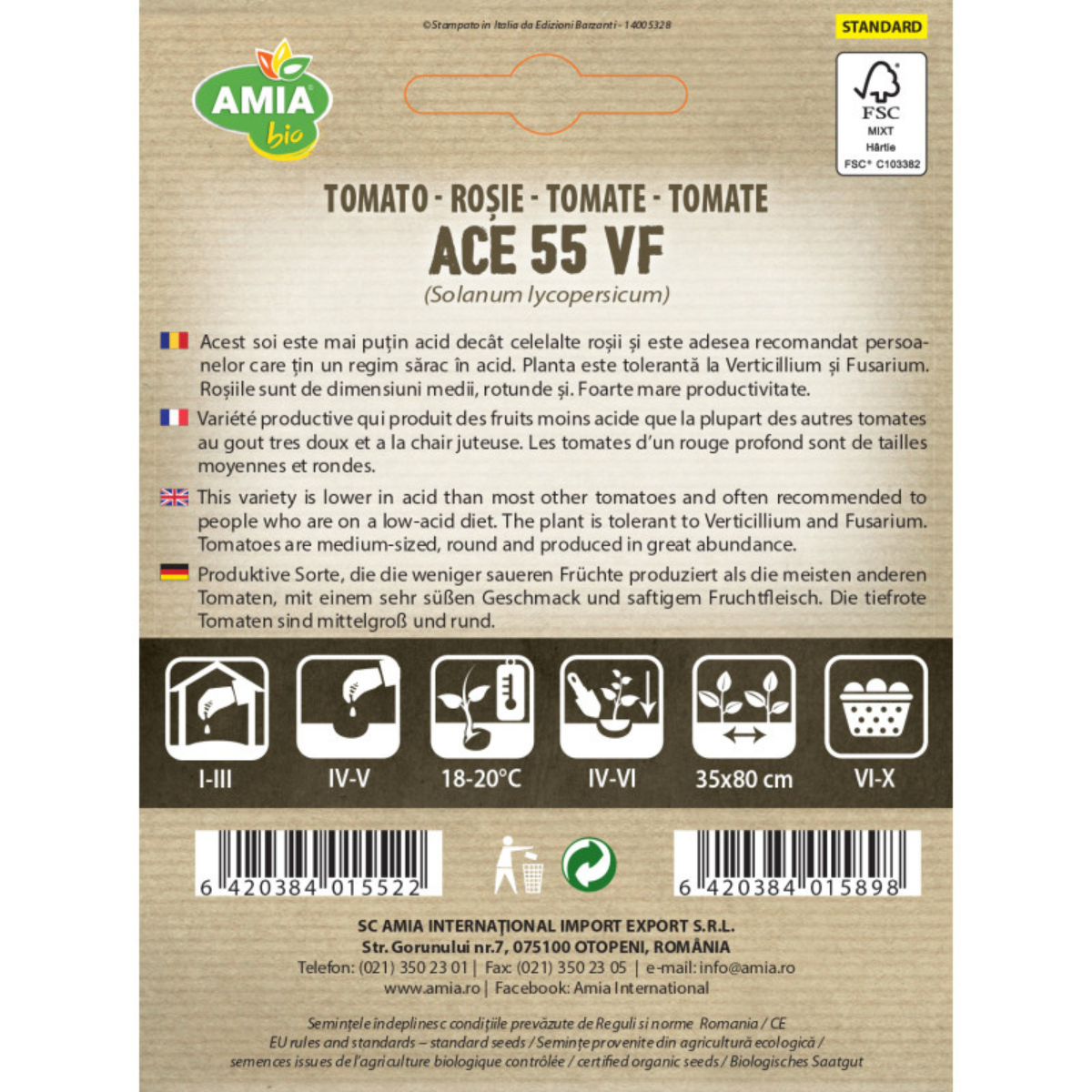 Seminte bio de tomate Ace 55 VF Amia, 0,7 g [1]