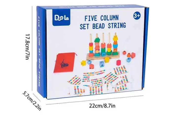 Joc educativ de stivuire cu 5 coloane din lemn, Bead String [1]