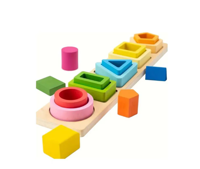 Jucarie educativa Montessori pentru copii, sortator din lemn cu forme geometrice, 5 coloane si 15 piese [1]
