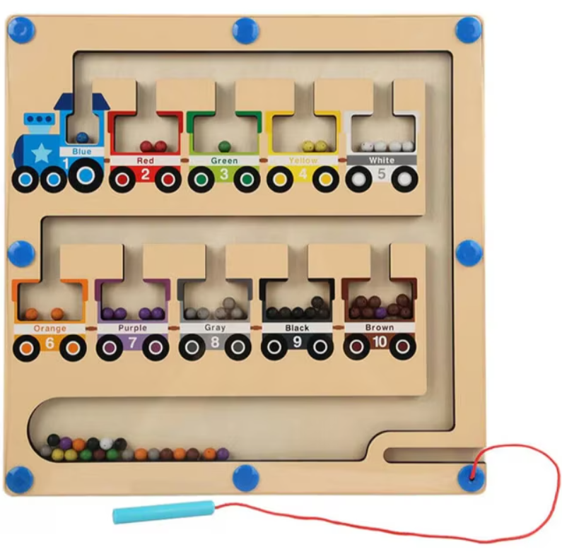 Labirint din lemn cu bile si creion magnetic, trenulet, joc de sortare si invatare culori, numere, 3 ani+ [1]