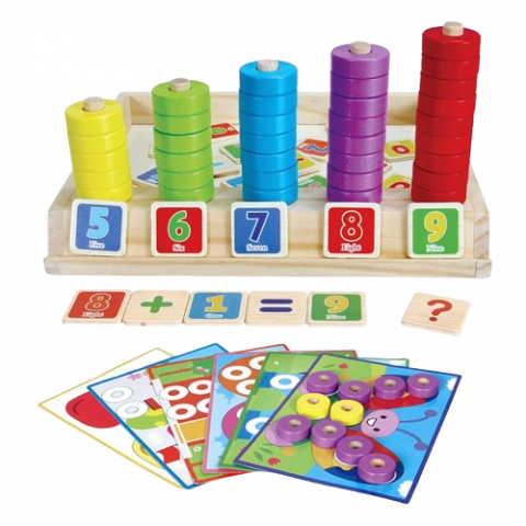 Joc educativ din lemn 2 in 1, Numaratoare, Calcule, operatiuni matematice si mozaic cu inele, 3 ani + [1]