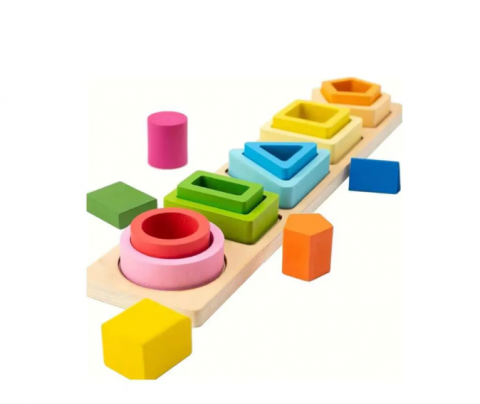 Jocuri si jucarii educative - Jucarie educativa Montessori pentru copii, sortator din lemn cu forme geometrice, 5 coloane si 15 piese