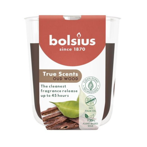 Lumanare parfumata Bolsius, Oud Wood, 45 ore ardere, 97x85mm