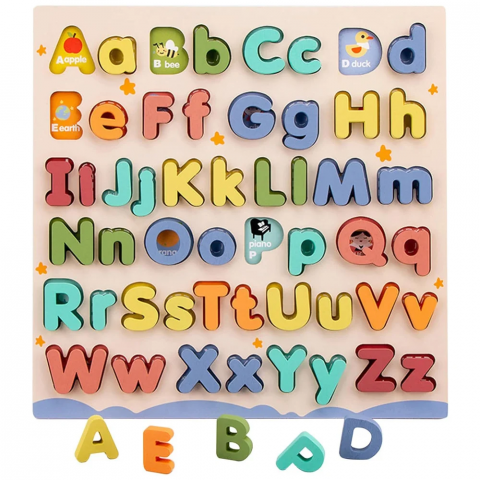 Puzzle - Puzzle alfabet din lemn cu litere mari si mici, 52 piese