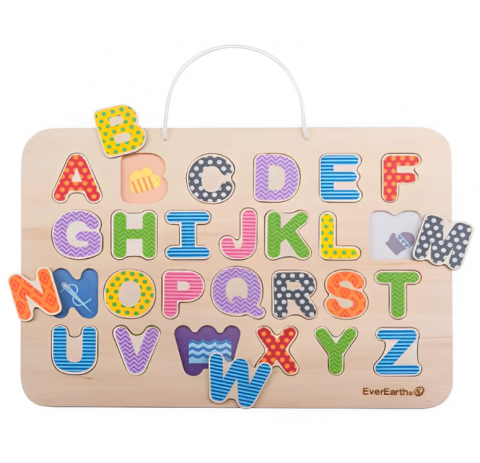 Jocuri - Puzzle cu alfabet magnetic si placa de desenat, EverEarth, Lemn, 3 ani+