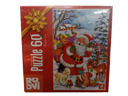 Puzzle - Puzzle Mos Craciun, cu jucarii si animalute - 60 piese - ROOVI